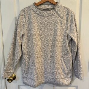 T by Talbots Fair Isle Fleece Pullover Gray White Large Petite Cozy Warm